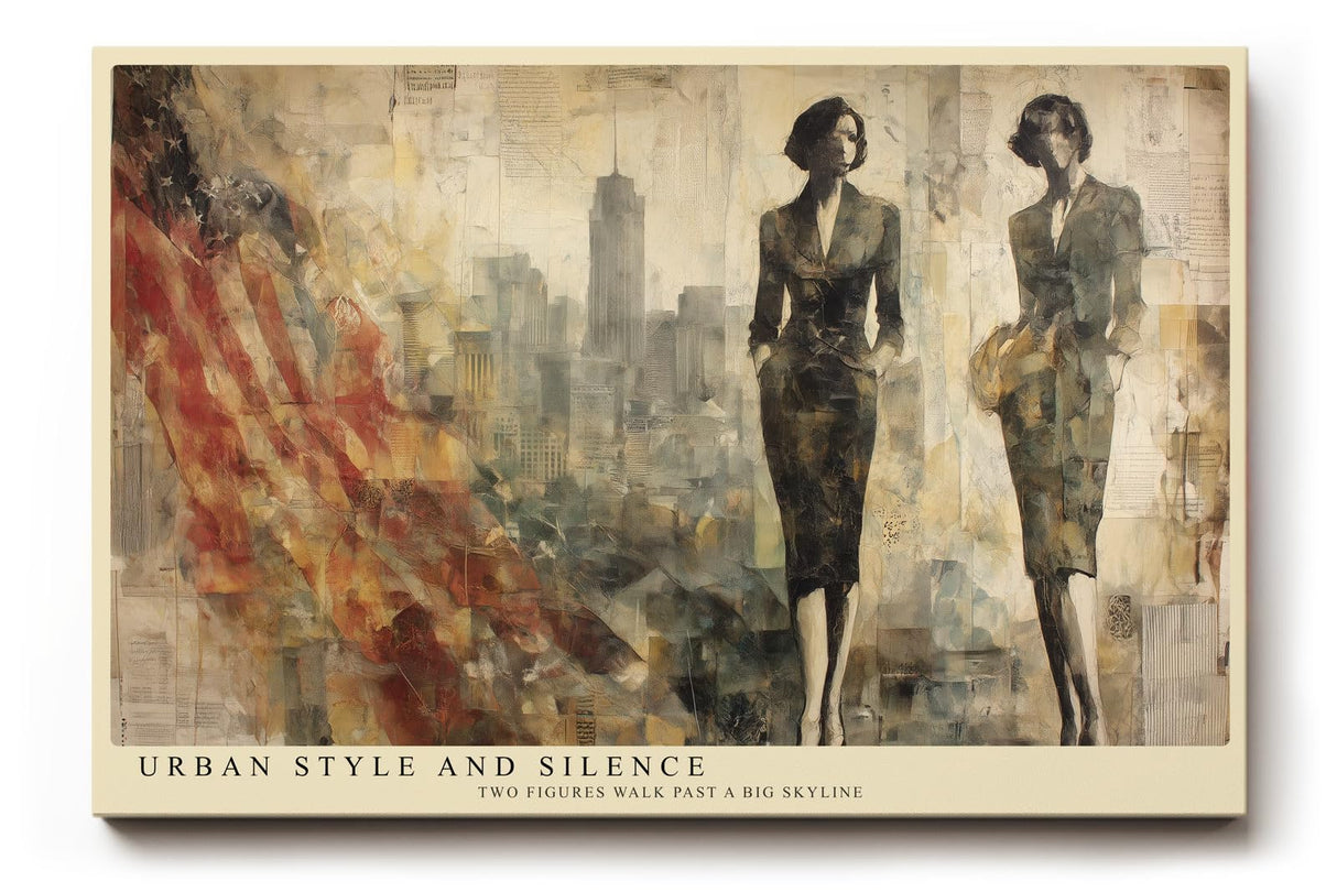 Paul Sinus Wandbild 120x80cm Elegante Frauen vor Skyline Moderne Stadt Collage Kunst in Beige Gold Wanddekoration