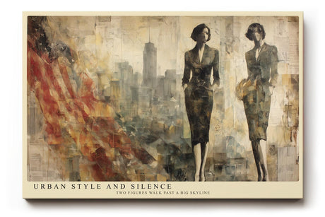 Paul Sinus Wandbild 120x80cm Elegante Frauen vor Skyline Moderne Stadt Collage Kunst in Beige Gold Wanddekoration