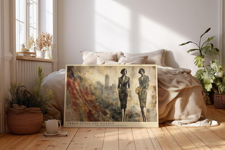 Paul Sinus Wandbild 120x80cm Elegante Frauen vor Skyline Moderne Stadt Collage Kunst in Beige Gold Wanddekoration