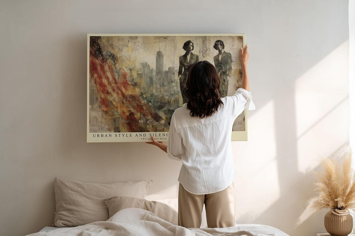 Paul Sinus Wandbild 120x80cm Elegante Frauen vor Skyline Moderne Stadt Collage Kunst in Beige Gold Wanddekoration
