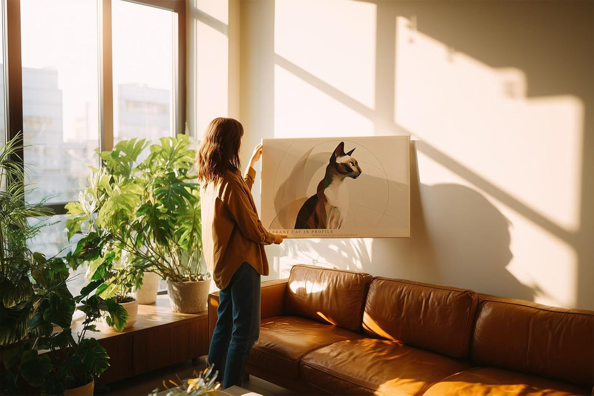 Paul Sinus Wandbild 120x80cm elegante Katze Profil moderne Tierkunst minimalistische Linien warme Naturfarben Kunstdruck stilvolle Wanddekoration fuer Wohnzimmer Schlafzimmer Büro