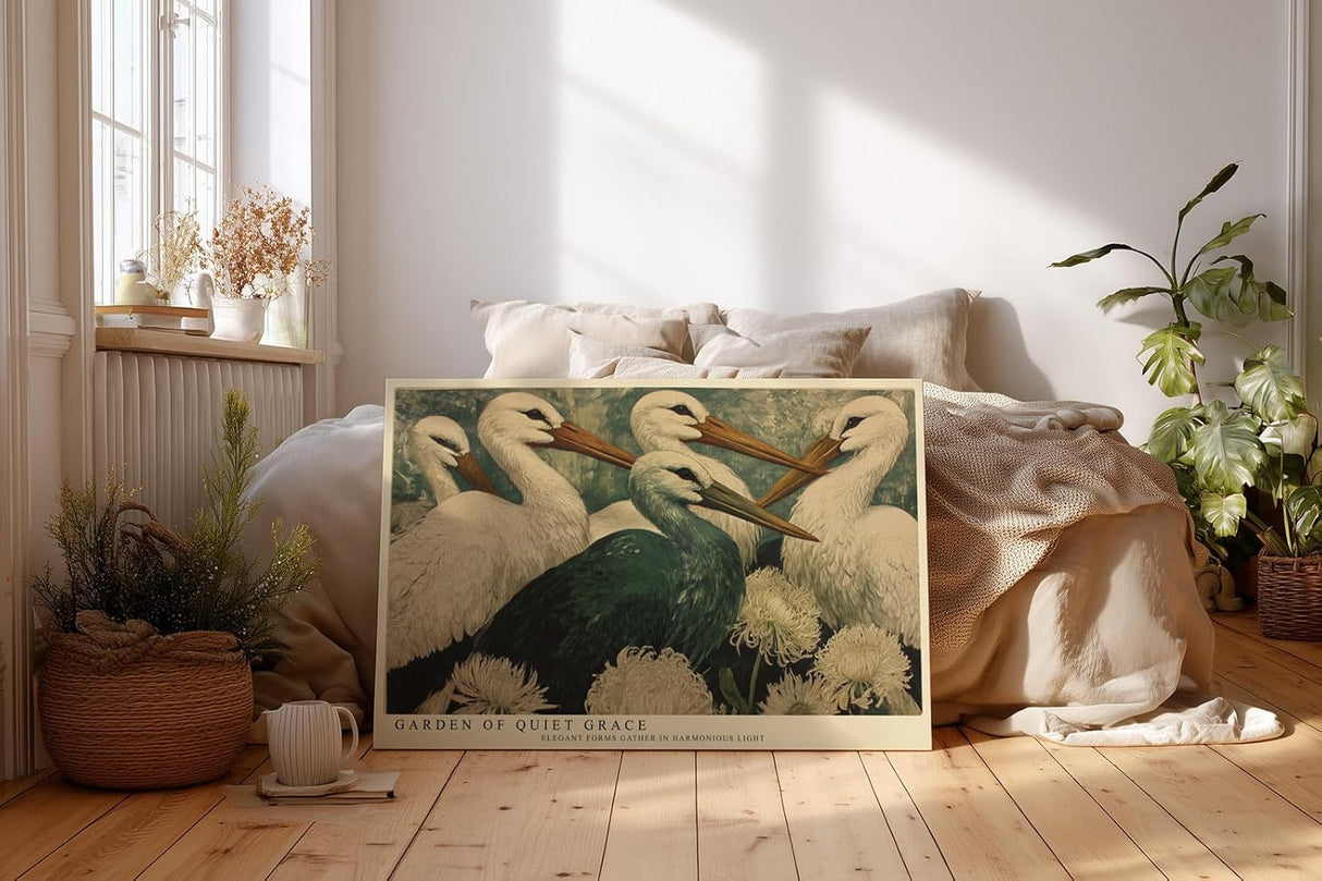 Paul Sinus Wandbild 120x80cm Elegante Störche Natur Kunstmotiv Voegel und Blumen in harmonischer Komposition