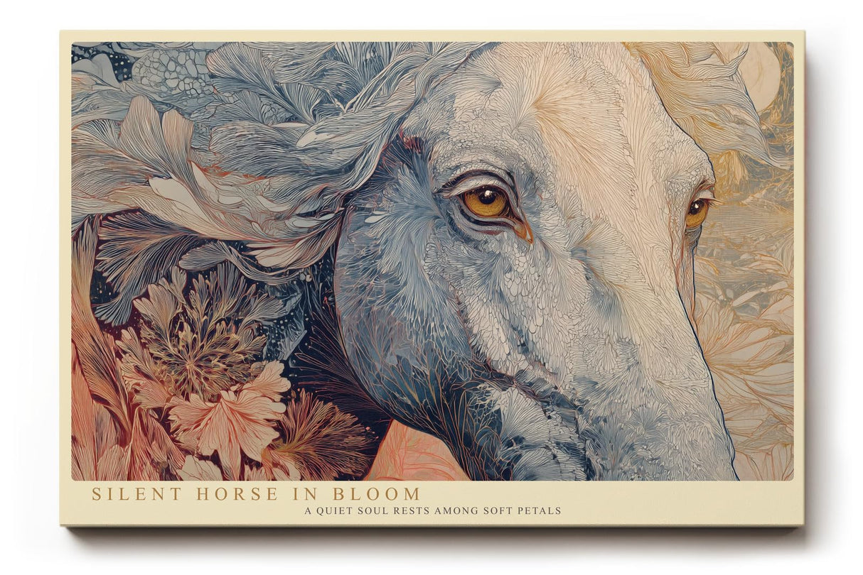 Paul Sinus Wandbild 120x80cm Eleganter Pferdekopf mit Blumen Kunstvolle Tierillustration in Blau und Creme Wanddekoration