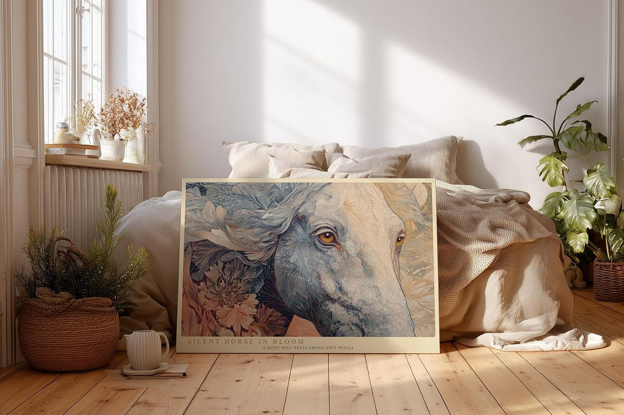 Paul Sinus Wandbild 120x80cm Eleganter Pferdekopf mit Blumen Kunstvolle Tierillustration in Blau und Creme Wanddekoration
