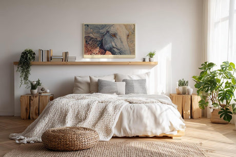 Paul Sinus Wandbild 120x80cm Eleganter Pferdekopf mit Blumen Kunstvolle Tierillustration in Blau und Creme Wanddekoration
