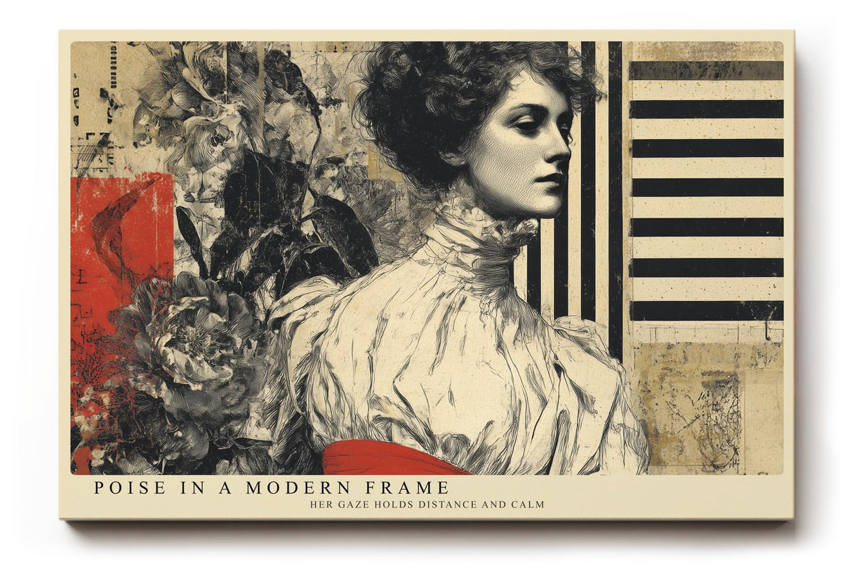 Paul Sinus Wandbild 120x80cm Elegantes Frauenportrait Moderne Collage Kunst in Beige Schwarz und Rot Stilvolle Wanddekoration