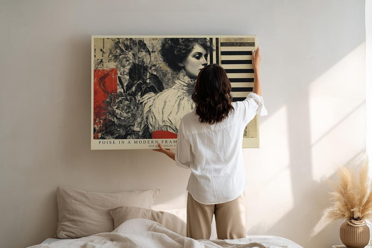Paul Sinus Wandbild 120x80cm Elegantes Frauenportrait Moderne Collage Kunst in Beige Schwarz und Rot Stilvolle Wanddekoration