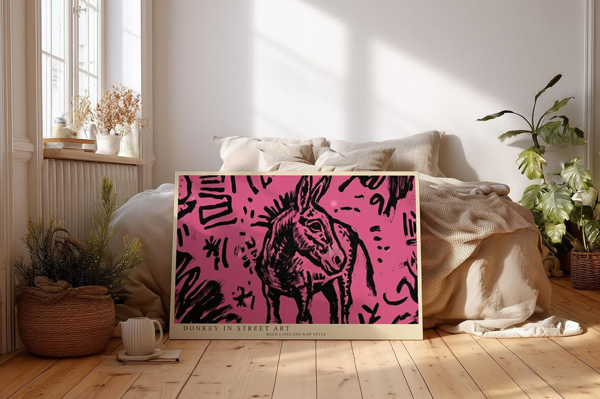 Paul Sinus Wandbild 120x80cm Esel Street Art Illustration pink schwarz modernes Graffiti Tiermotiv urbane Kunst modernes Poster stilvolle Wanddekoration für Wohnzimmer Büro Atelier