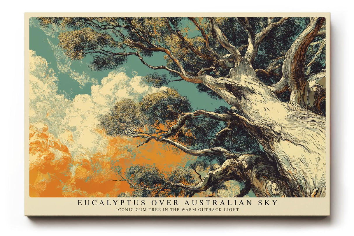 Paul Sinus Wandbild 120x80cm Eukalyptus Baum unter australischem Himmel Atmosphaerische Naturkunst mit warmen Outback Farben