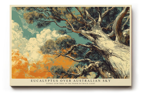 Paul Sinus Wandbild 120x80cm Eukalyptus Baum unter australischem Himmel Atmosphaerische Naturkunst mit warmen Outback Farben