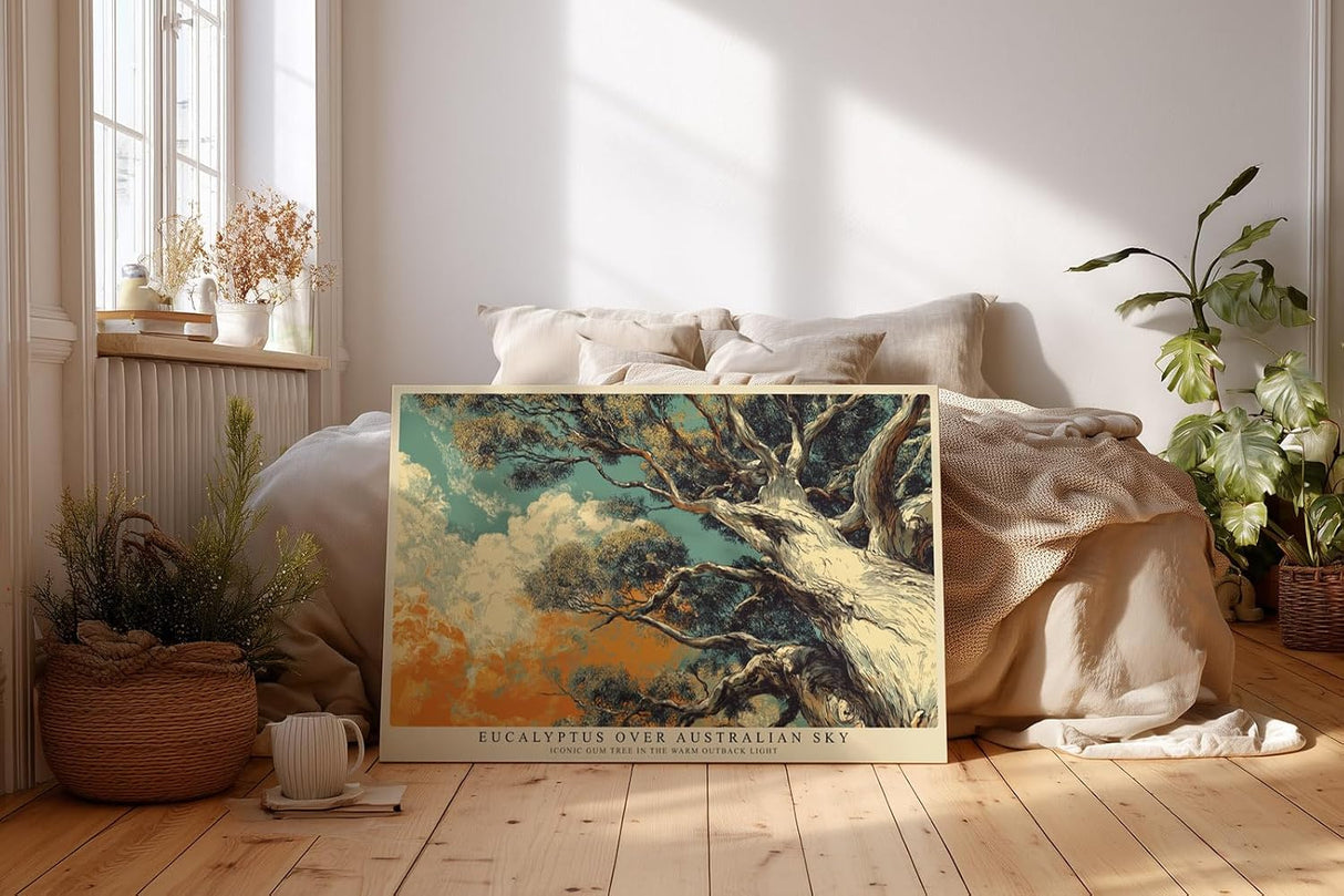 Paul Sinus Wandbild 120x80cm Eukalyptus Baum unter australischem Himmel Atmosphaerische Naturkunst mit warmen Outback Farben