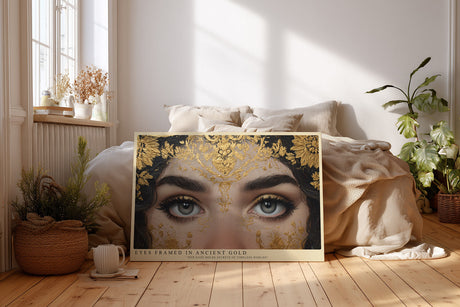 Paul Sinus Wandbild Eyes Framed in Ancient Gold faszinierendes Porträt mit goldenen Ornamenten und ausdrucksstarken Augen