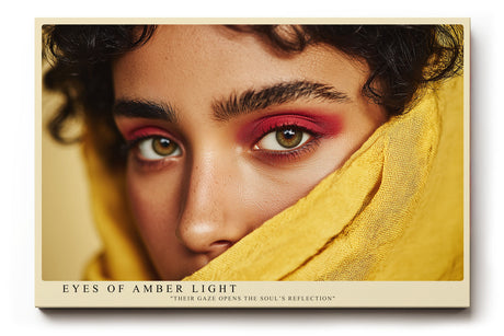 Paul Sinus Wandbild Eyes of Amber Light – intensives Porträt mit bernsteinfarbenen Augen und warmen Gelbtönen symbolisiert Tiefe und Emotion