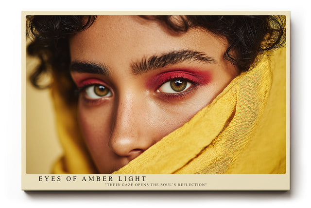 Paul Sinus Wandbild Eyes of Amber Light – intensives Porträt mit bernsteinfarbenen Augen und warmen Gelbtönen symbolisiert Tiefe und Emotion