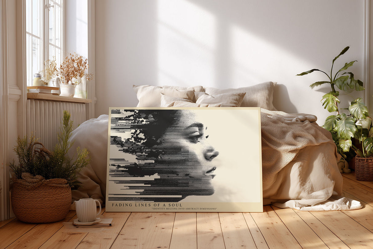 Paul Sinus Wandbild Fading Lines of a Soul modernes Porträt mit digitaler Fragmentierung und emotionaler Tiefe für stilvolle Räume voller Ausdruckskraft