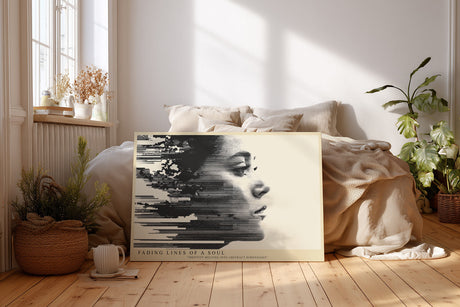Paul Sinus Wandbild Fading Lines of a Soul modernes Porträt mit digitaler Fragmentierung und emotionaler Tiefe für stilvolle Räume voller Ausdruckskraft