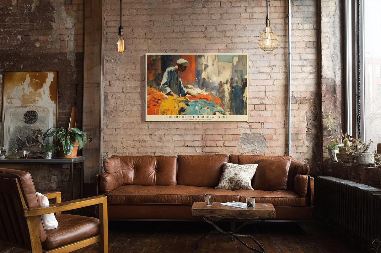 Paul Sinus Wandbild 120x80cm Farben des marokkanischen Souks – Lebendige Marktszene mit Stoffen und orientalischer Atmosphäre