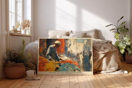 Paul Sinus Wandbild 120x80cm Farben des marokkanischen Souks – Lebendige Marktszene mit Stoffen und orientalischer Atmosphäre