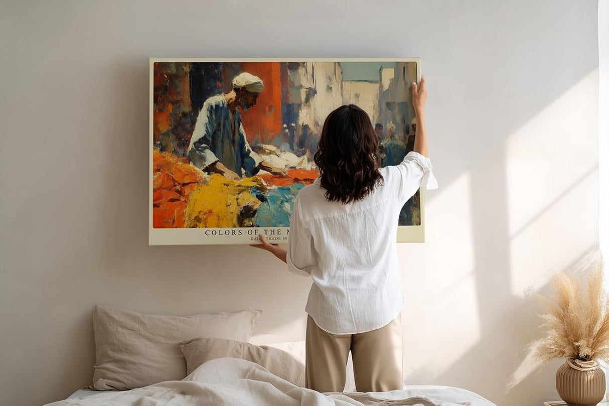 Paul Sinus Wandbild 120x80cm Farben des marokkanischen Souks – Lebendige Marktszene mit Stoffen und orientalischer Atmosphäre