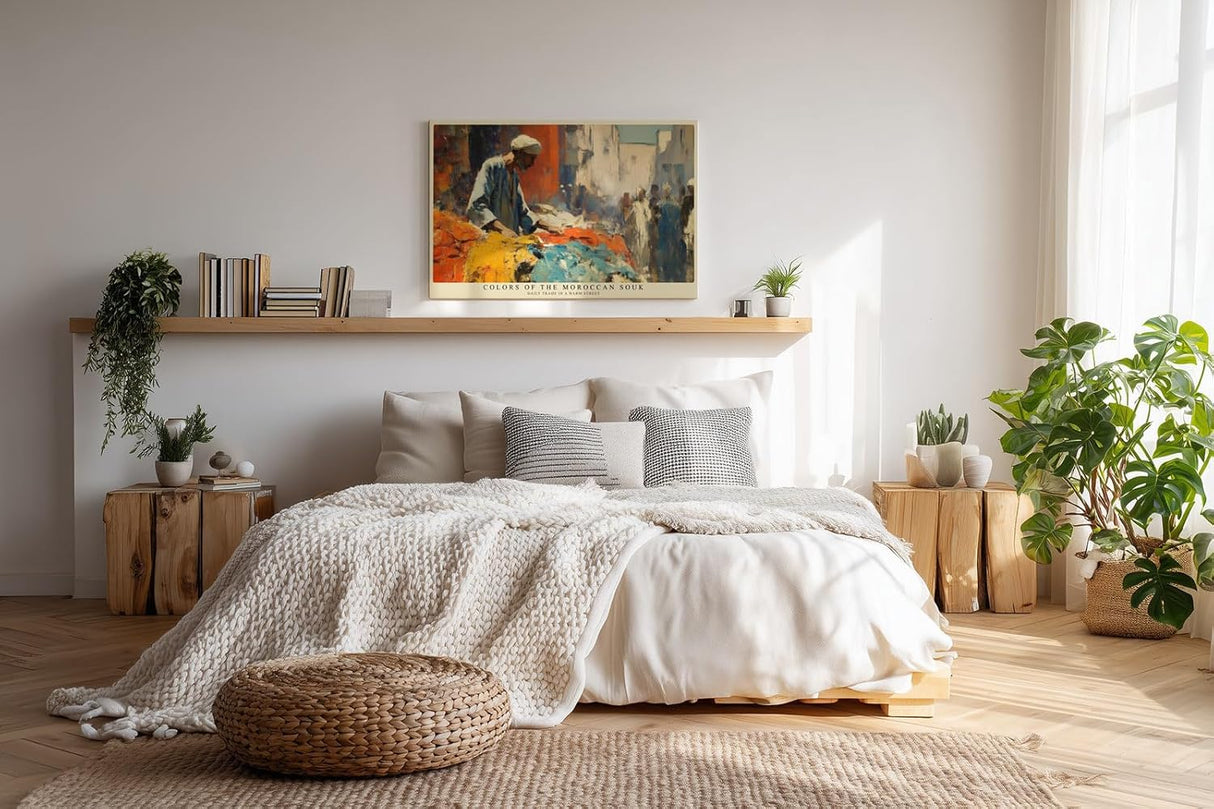 Paul Sinus Wandbild 120x80cm Farben des marokkanischen Souks – Lebendige Marktszene mit Stoffen und orientalischer Atmosphäre