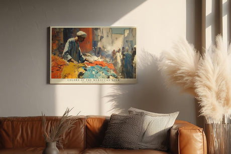 Paul Sinus Wandbild 120x80cm Farben des marokkanischen Souks – Lebendige Marktszene mit Stoffen und orientalischer Atmosphäre