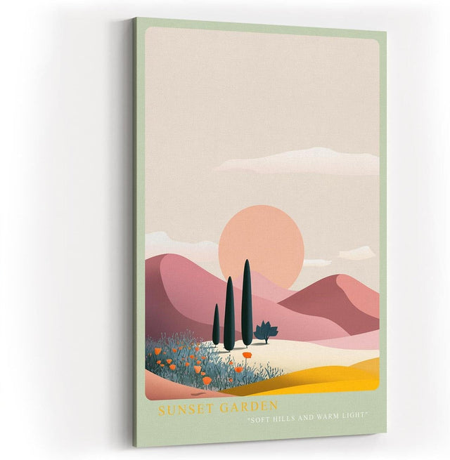 Paul Sinus Wandbild in 40x60cm farbenfrohe Hügellandschaft bei Sonnenuntergang – stilisierte Naturdarstellung in sanften Pastelltönen