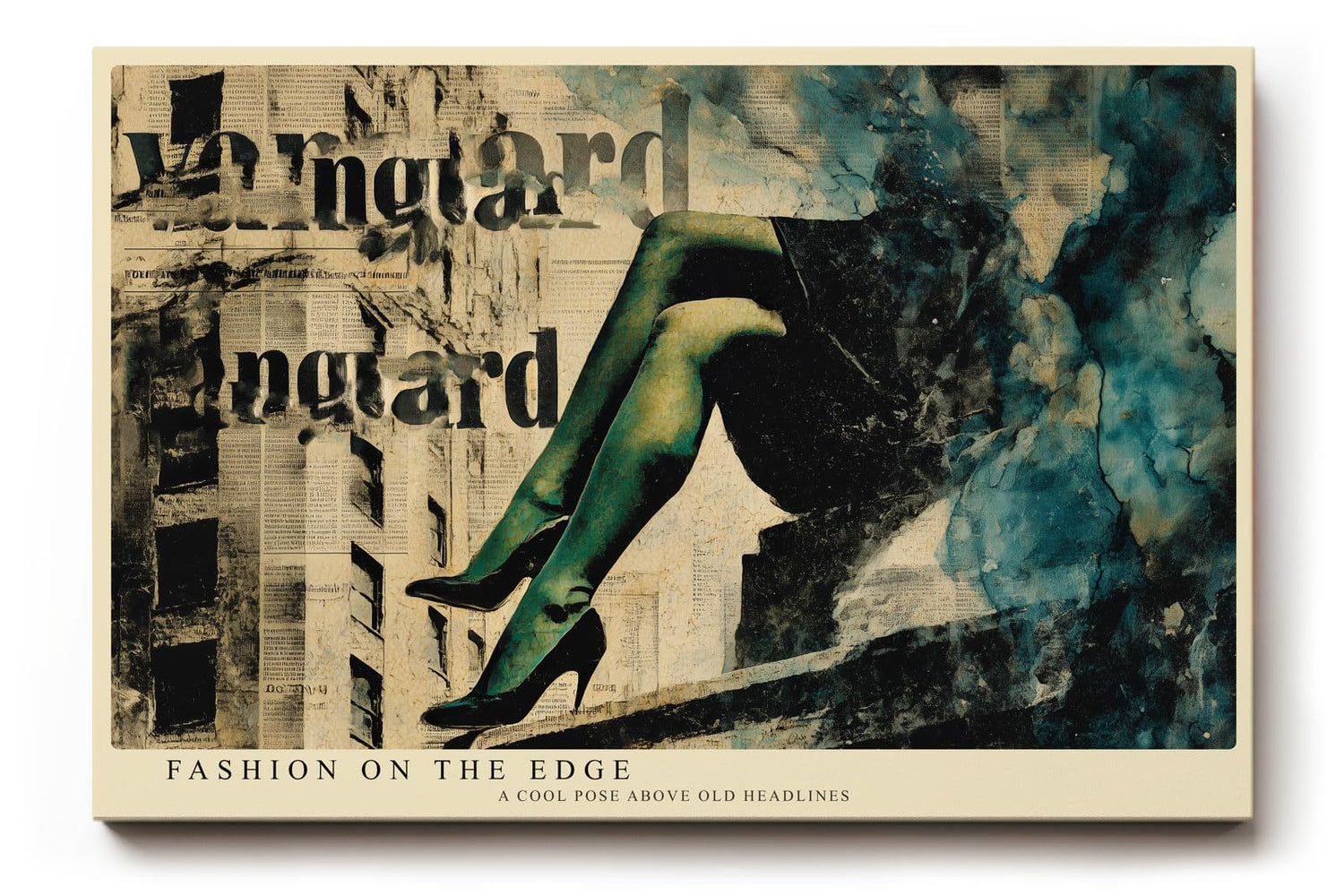 Paul Sinus Wandbild 120x80cm Fashion Collage Moderne Kunst mit Zeitungstext und Eleganten Beinen in Vintage Farben für Wohnzimmer Schlafzimmer Büro
