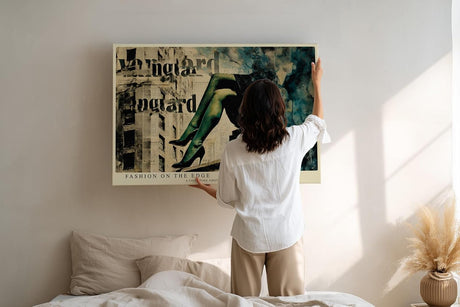Paul Sinus Wandbild 120x80cm Fashion Collage Moderne Kunst mit Zeitungstext und Eleganten Beinen in Vintage Farben für Wohnzimmer Schlafzimmer Büro