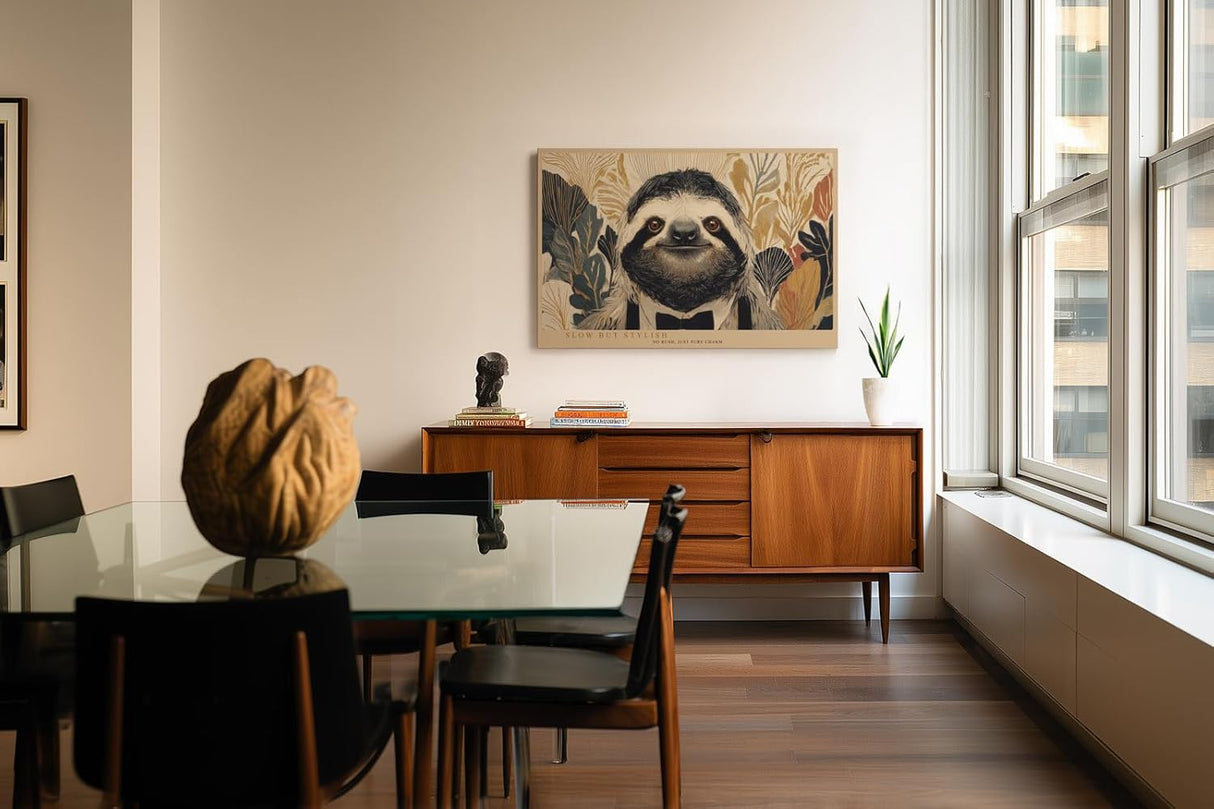 Paul Sinus Wandbild 120x80cm Faultier Portrait moderne Tierkunst botanischer Hintergrund naturfarben stilvolle Wanddekoration fuer Wohnzimmer Kinderzimmer