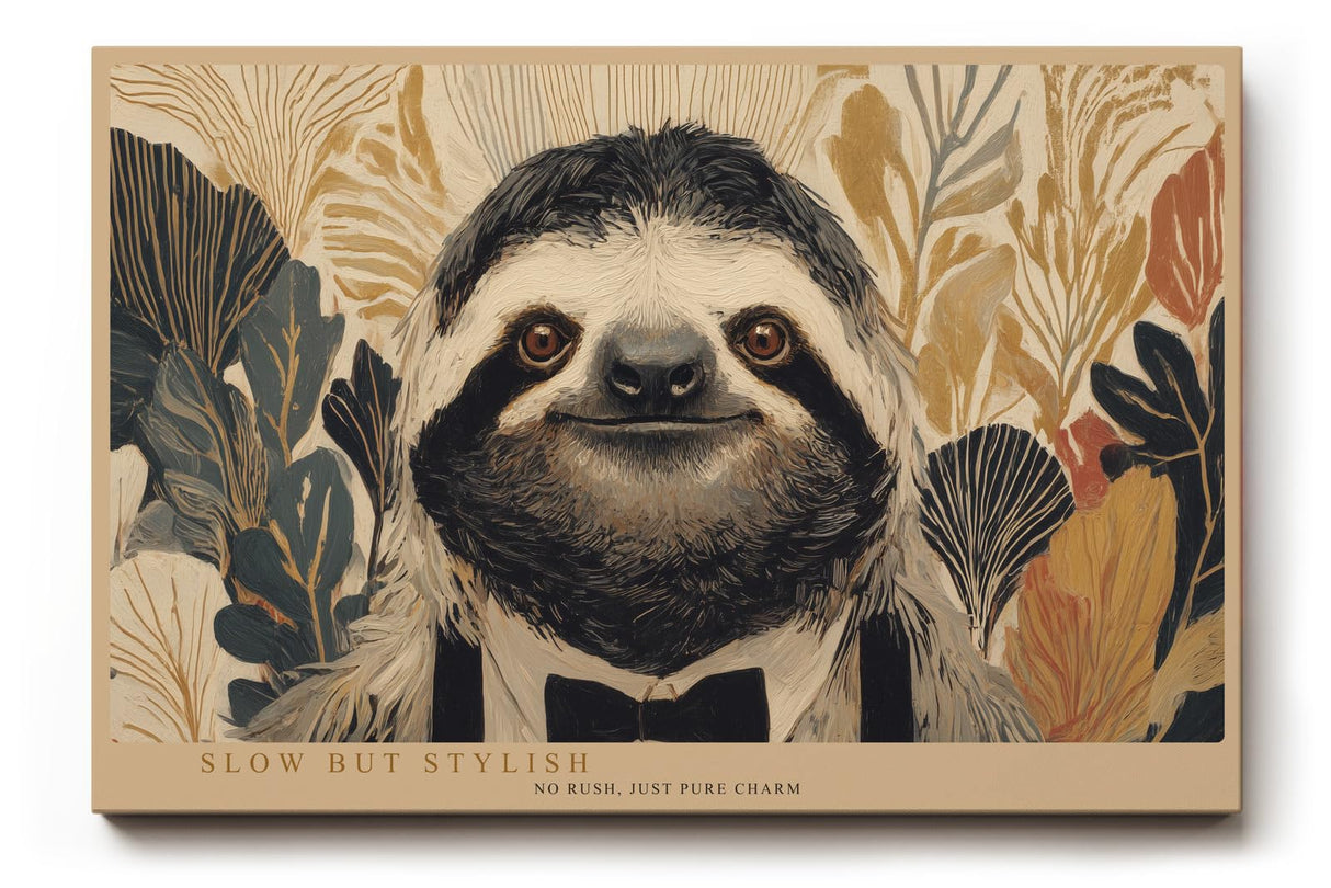 Paul Sinus Wandbild 120x80cm Faultier Portrait moderne Tierkunst botanischer Hintergrund naturfarben stilvolle Wanddekoration fuer Wohnzimmer Kinderzimmer