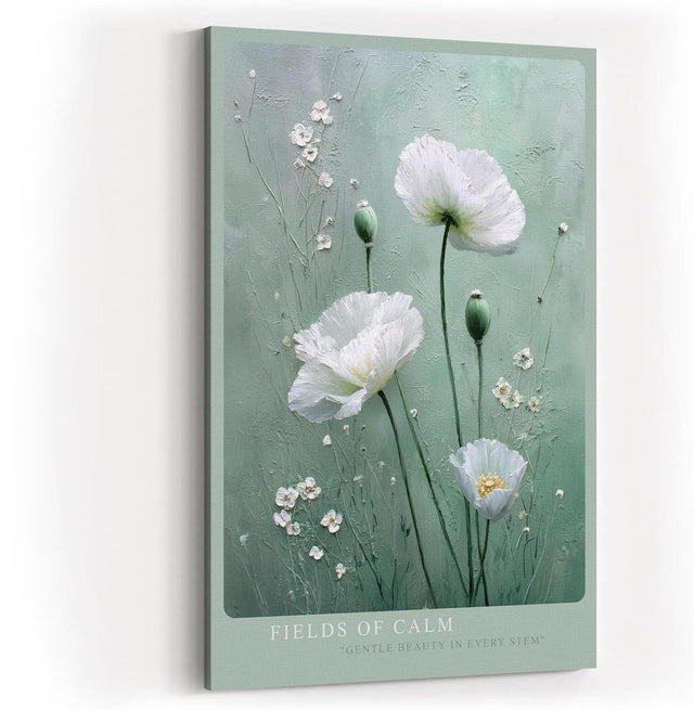 Paul Sinus Wandbild in 40x60cm Fields of Calm – weiße Mohnblumen auf zartgrünem Hintergrund, sanfte florale Kunst mit eleganter Textur