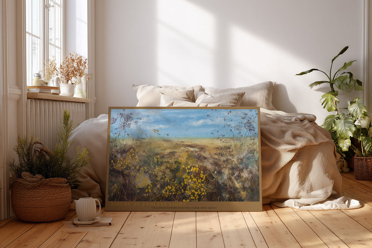 Paul Sinus Wandbild Fields of Endless Light Yellow Blossoms under Open Blue Sky