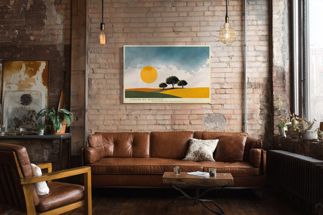 Paul Sinus Wandbild Fields of Serenity – Minimalistische Landschaft mit leuchtender Sonne und sanften Farbtönen, Symbol für Ruhe und Weite