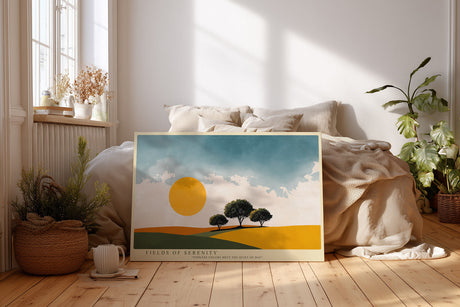 Paul Sinus Wandbild Fields of Serenity – Minimalistische Landschaft mit leuchtender Sonne und sanften Farbtönen, Symbol für Ruhe und Weite