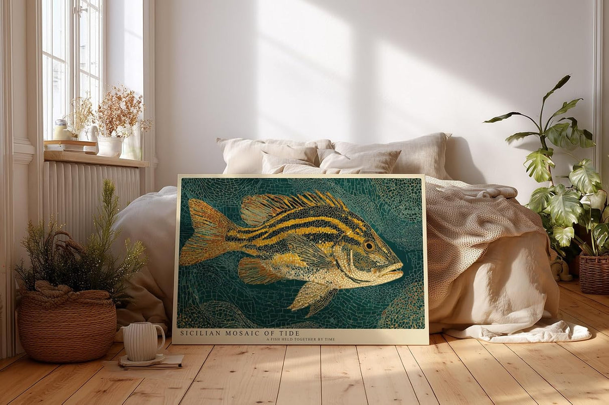 Paul Sinus Wandbild 120x80cm Fisch Mosaik Mediterrane Kunstmotiv Dekorative Meeres Illustration im Mosaik Stil