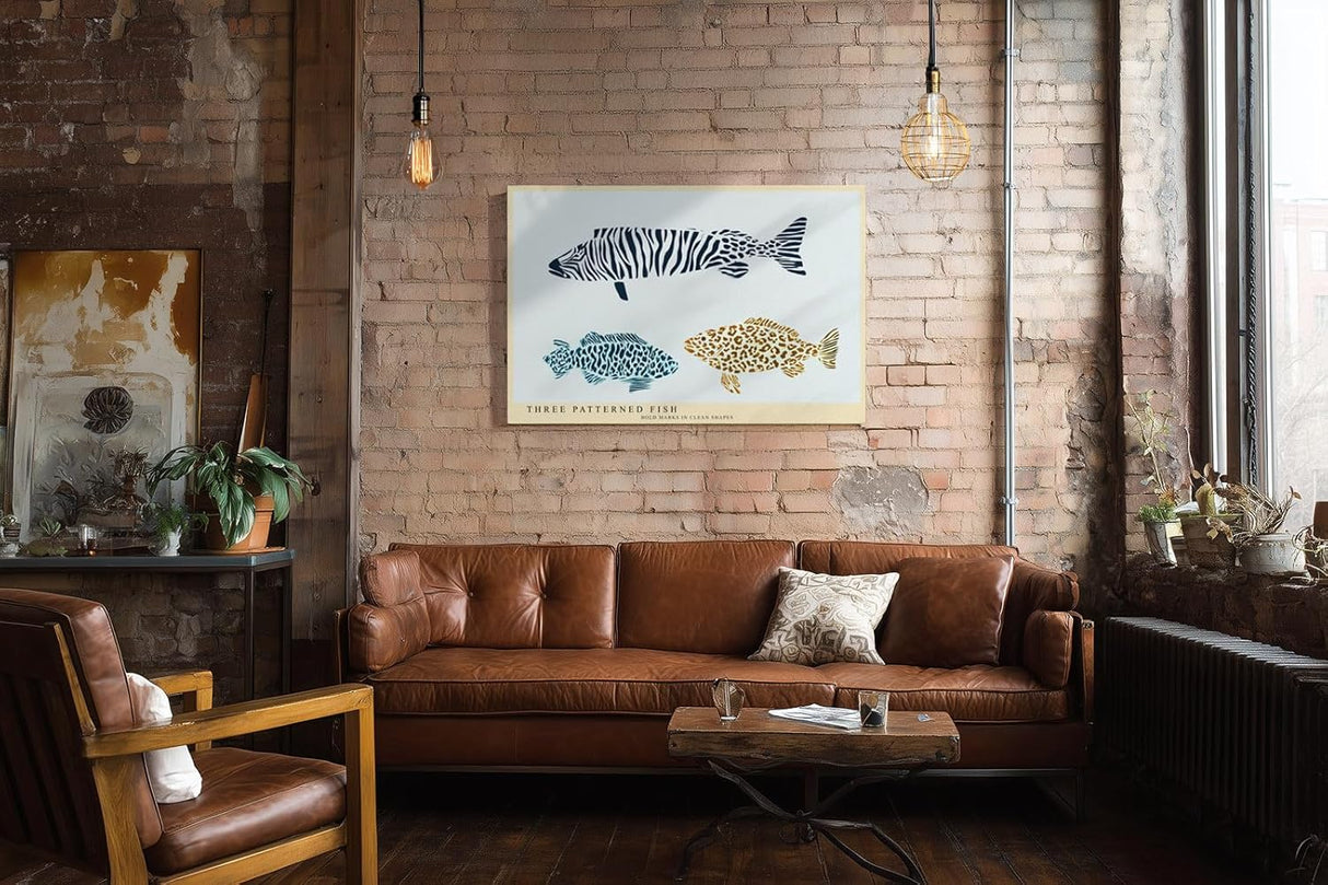 Paul Sinus Wandbild 120x80cm Fische grafische Illustration modern maritimes Design Muster Kunstdruck stilvolle Wanddekoration fuer Wohnzimmer Bad Kueche Flur