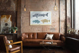 Paul Sinus Wandbild 120x80cm Fische grafische Illustration modern maritimes Design Muster Kunstdruck stilvolle Wanddekoration fuer Wohnzimmer Bad Kueche Flur