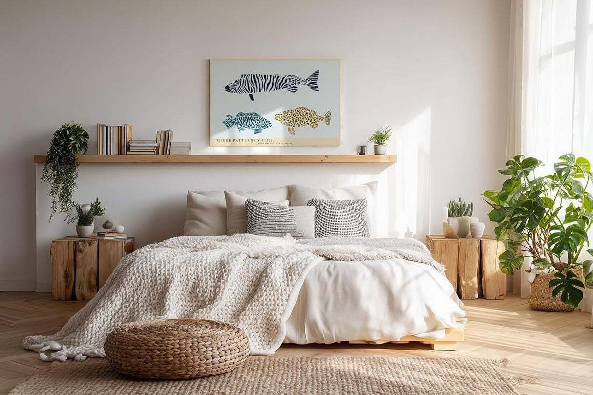 Paul Sinus Wandbild 120x80cm Fische grafische Illustration modern maritimes Design Muster Kunstdruck stilvolle Wanddekoration fuer Wohnzimmer Bad Kueche Flur
