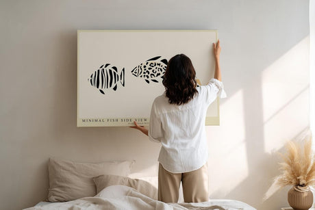 Paul Sinus Wandbild 120x80cm Fische minimalistische Illustration modernes Grafikdesign schwarz beige Kunstdruck stilvolle Wanddekoration fuer Wohnzimmer Bad Kueche