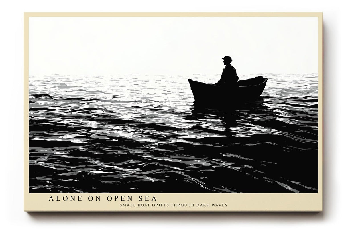 Paul Sinus Wandbild 120x80cm Fischer im Boot auf offenem Meer Schwarz Weiss Fotokunst ruhiges maritimes Kunstposter elegante Wanddekoration fuer Wohnzimmer Schlafzimmer Büro