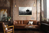 Paul Sinus Wandbild 120x80cm Fischer im Boot auf offenem Meer Schwarz Weiss Fotokunst ruhiges maritimes Kunstposter elegante Wanddekoration fuer Wohnzimmer Schlafzimmer Büro