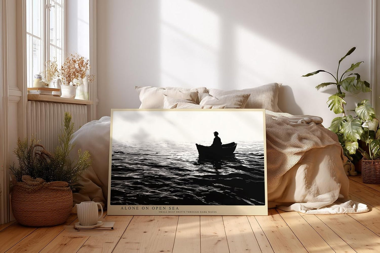 Paul Sinus Wandbild 120x80cm Fischer im Boot auf offenem Meer Schwarz Weiss Fotokunst ruhiges maritimes Kunstposter elegante Wanddekoration fuer Wohnzimmer Schlafzimmer Büro