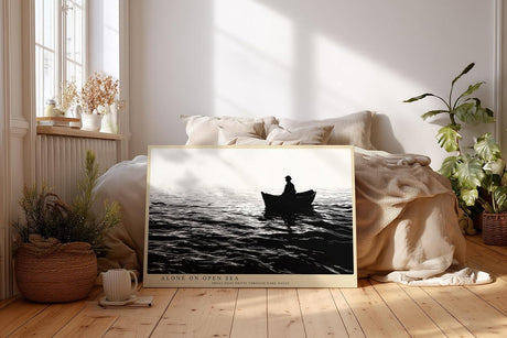 Paul Sinus Wandbild 120x80cm Fischer im Boot auf offenem Meer Schwarz Weiss Fotokunst ruhiges maritimes Kunstposter elegante Wanddekoration fuer Wohnzimmer Schlafzimmer Büro