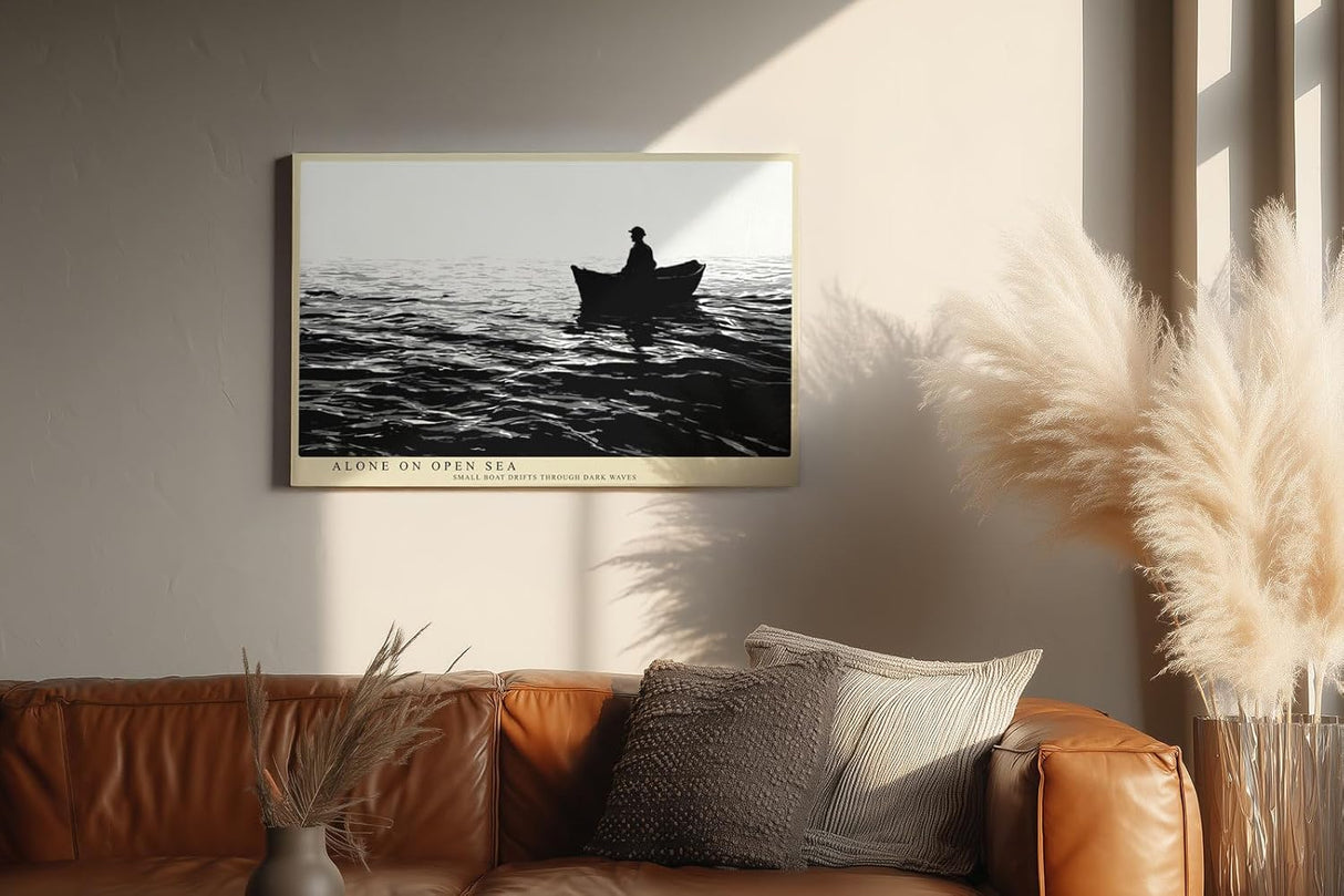 Paul Sinus Wandbild 120x80cm Fischer im Boot auf offenem Meer Schwarz Weiss Fotokunst ruhiges maritimes Kunstposter elegante Wanddekoration fuer Wohnzimmer Schlafzimmer Büro