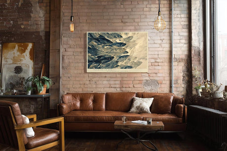 Paul Sinus Wandbild 120x80cm Fischschwarm abstrakte Unterwasser Kunst blau beige moderne Meeresillustration grosses Kunstbild stilvolle Wanddekoration fuer Wohnzimmer Büro Flur