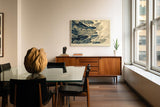 Paul Sinus Wandbild 120x80cm Fischschwarm abstrakte Unterwasser Kunst blau beige moderne Meeresillustration grosses Kunstbild stilvolle Wanddekoration fuer Wohnzimmer Büro Flur