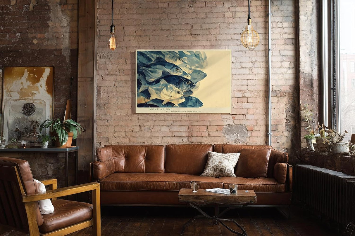 Paul Sinus Wandbild 120x80cm Fischschwarm Unterwasser Kunst moderne Meeresmalerei blau beige Naturfarben stilvolle Wanddekoration fuer Wohnzimmer Büro
