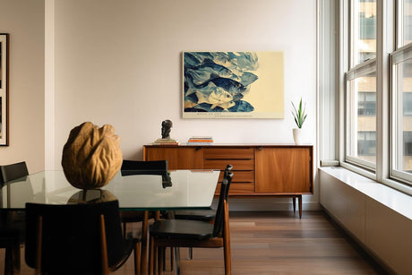 Paul Sinus Wandbild 120x80cm Fischschwarm Unterwasser Kunst moderne Meeresmalerei blau beige Naturfarben stilvolle Wanddekoration fuer Wohnzimmer Büro
