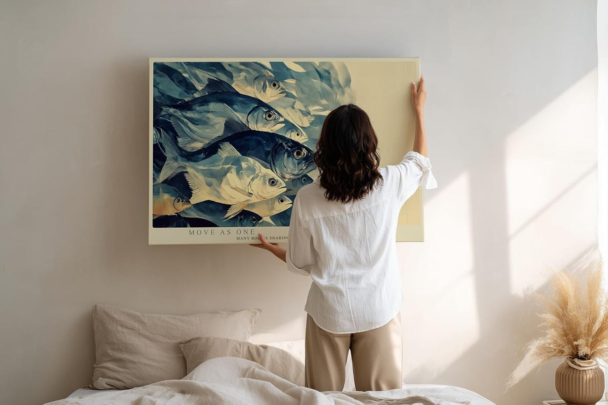 Paul Sinus Wandbild 120x80cm Fischschwarm Unterwasser Kunst moderne Meeresmalerei blau beige Naturfarben stilvolle Wanddekoration fuer Wohnzimmer Büro