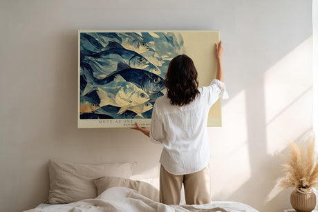Paul Sinus Wandbild 120x80cm Fischschwarm Unterwasser Kunst moderne Meeresmalerei blau beige Naturfarben stilvolle Wanddekoration fuer Wohnzimmer Büro